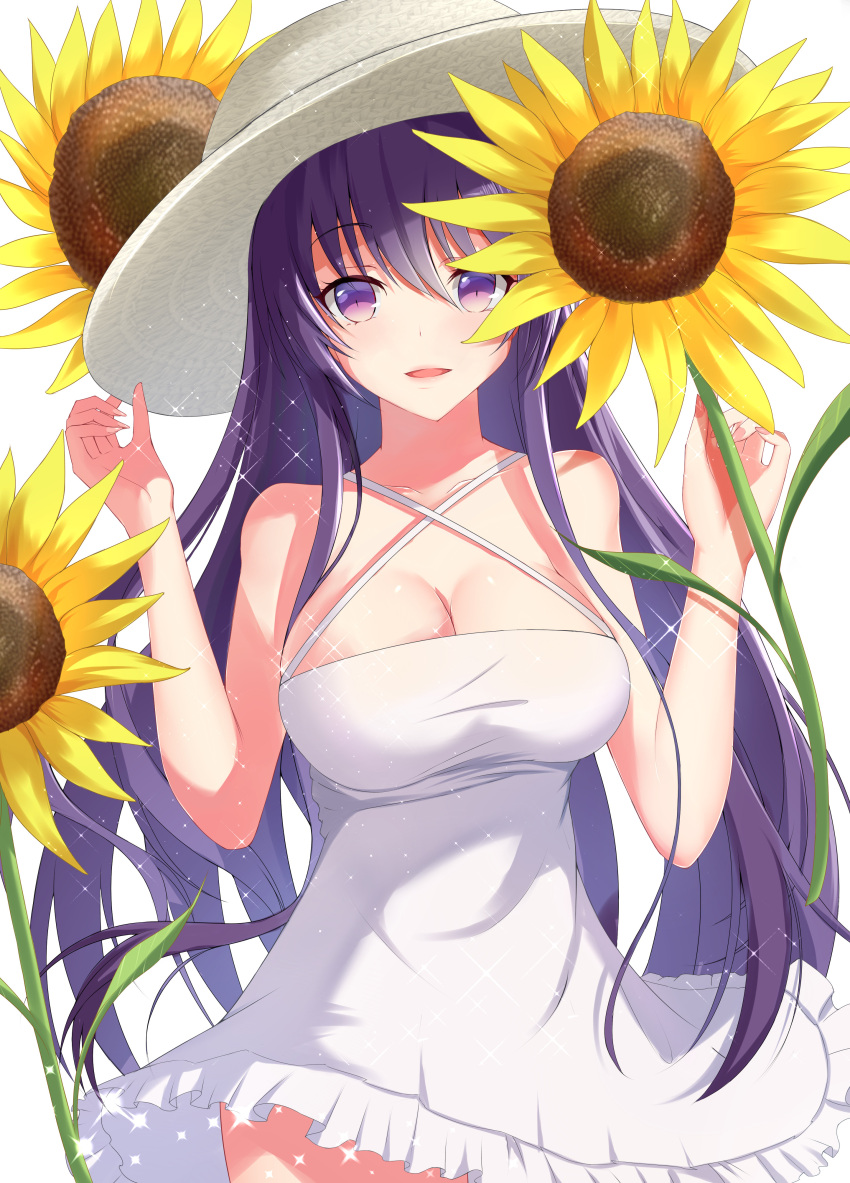 1girl :d absurdres alternate_costume bare_shoulders breasts cleavage cowboy_shot criss-cross_halter date_a_live dress feng_mouren flower hair_between_eyes halterneck hands_up hat highres large_breasts long_hair looking_at_viewer multicolored multicolored_eyes open_mouth purple_hair simple_background smile solo straw_hat sunflower very_long_hair violet_eyes white_background white_dress yatogami_tooka yellow_eyes