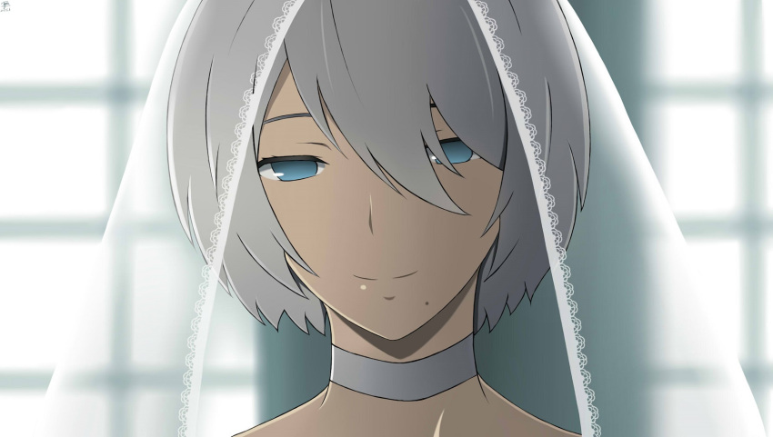 1girl blue_eyes bridal_veil chinese choker commentary_request dyxm hair_between_eyes highres looking_at_viewer mole mole_under_mouth nier_(series) nier_automata short_hair silver_hair smile solo veil white_choker yorha_no._2_type_b