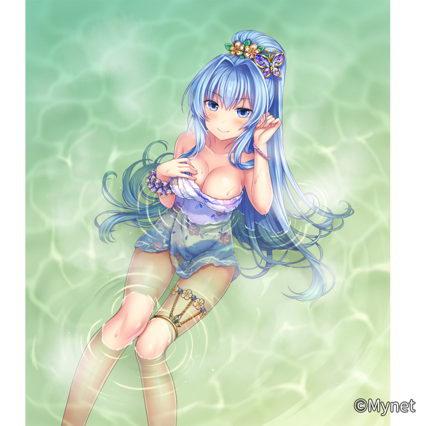 1girl bare_shoulders bathing blue_eyes blue_hair blush breasts cao_(sanguko_infinity) cleavage feet_out_of_frame floral_print hair_ornament hand_up highres large_breasts long_hair looking_at_viewer official_art otosume_ruiko ponytail sangoku_infinity scrunchie sitting smile solo towel very_long_hair water wet wrist_scrunchie wristband