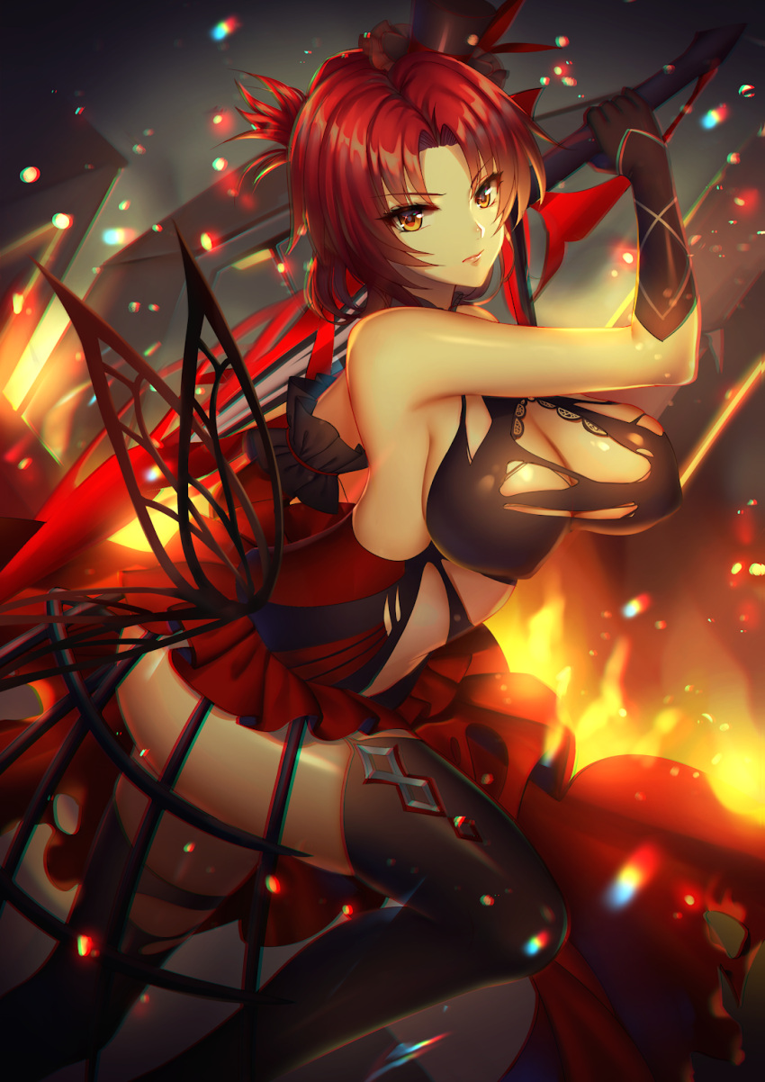 1girl bangs bare_shoulders benghuai_xueyuan black_legwear breasts cleavage commentary_request highres honkai_impact large_breasts long_hair looking_at_viewer mallizmora murata_himeko parted_bangs partial_commentary redhead solo sword thigh-highs weapon yellow_eyes