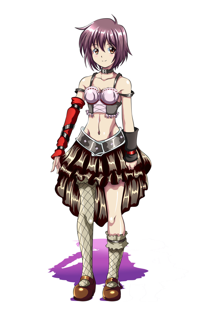 1girl absurdres alternate_costume asymmetrical_legwear asymmetrical_sleeves bangs bare_shoulders breasts collar collarbone commentary darthplegias detached_sleeves full_body graphite_(medium) green_eyes highres midriff miniskirt nagato_yuki nagato_yuki-chan_no_shoushitsu navel purple_hair shoes short_hair simple_background skirt smile solo standing suzumiya_haruhi_no_shoushitsu suzumiya_haruhi_no_yuuutsu thigh-highs traditional_media