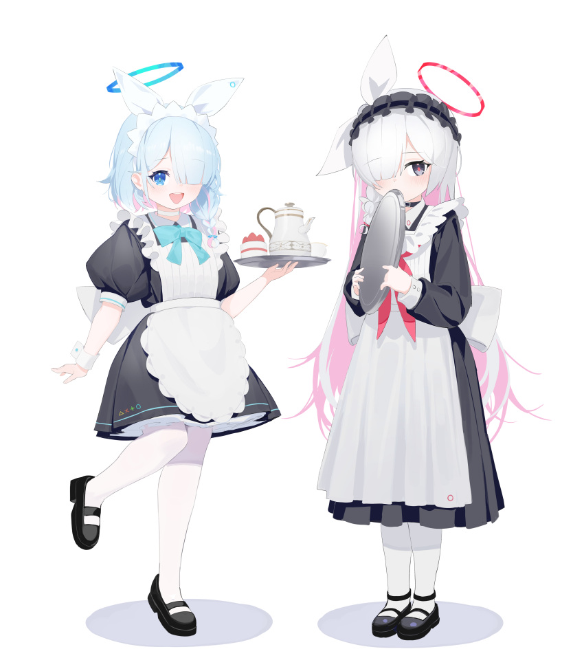 2girls absurdres alternate_costume apron arona_(blue_archive) black_dress black_eyes black_footwear blue_archive blue_eyes blue_hair blue_halo blush braid closed_mouth colored_inner_hair dress enmaided frilled_apron frills full_body hair_over_one_eye halo highres holding holding_tray long_hair looking_at_viewer maid maid_apron maid_headdress multicolored_hair multiple_girls oiru_(fattyoils) open_mouth pantyhose pink_hair plana_(blue_archive) puffy_short_sleeves puffy_sleeves red_halo shoes short_hair short_sleeves simple_background single_braid smile socks tray white_apron white_background white_hair white_pantyhose white_socks