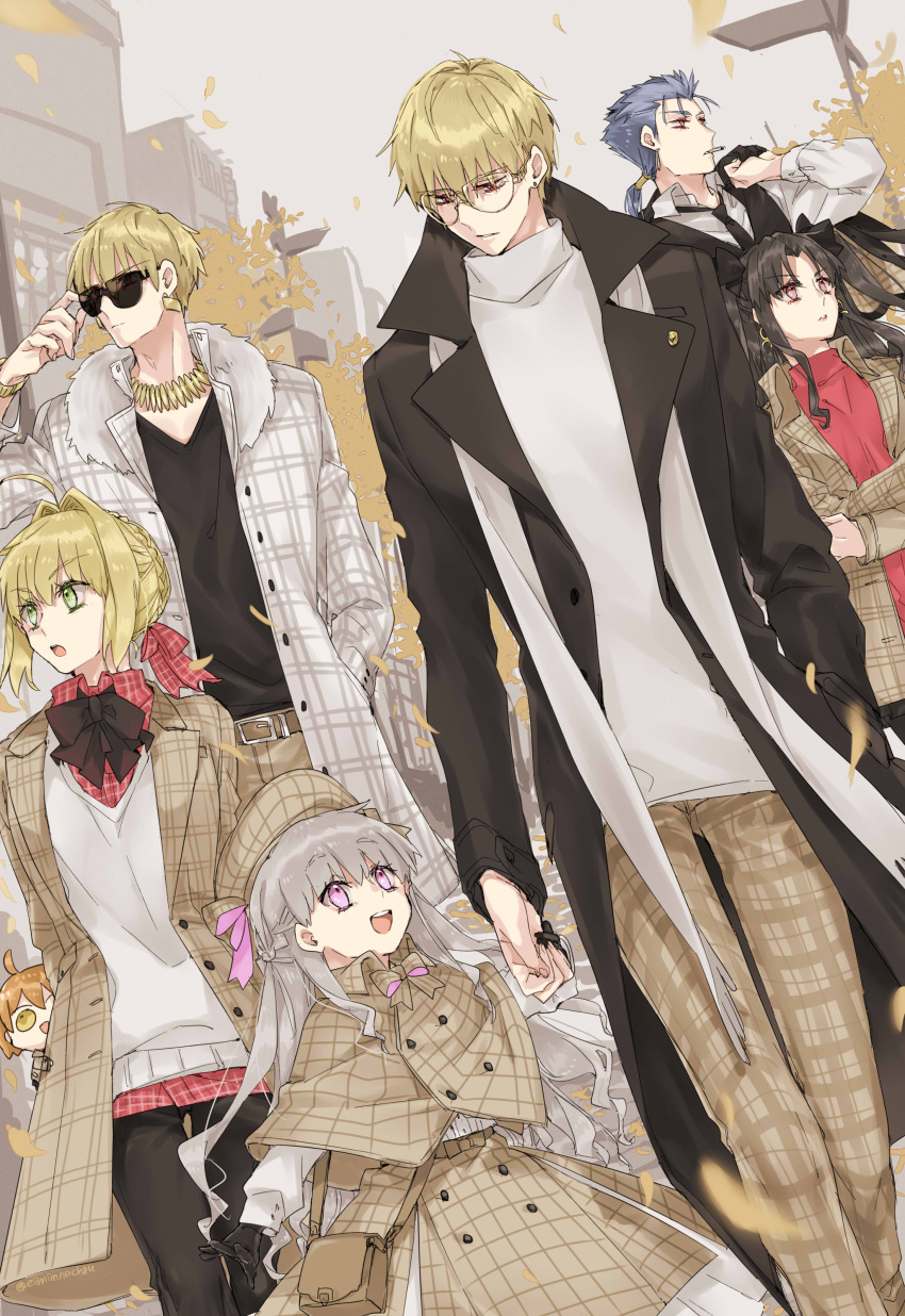 88_(einnimnech) absurdres ahoge alternate_costume bespectacled black_hair blonde_hair blue_hair blush character_request fate/extra fate/grand_order fate/stay_night fate_(series) fujimaru_ritsuka_(female) gilgamesh glasses green_eyes grey_hair hand_holding highres lancer long_hair long_sleeves looking_at_another multiple_boys multiple_girls nero_claudius_(fate) nero_claudius_(fate)_(all) nursery_rhyme_(fate/extra) open_mouth ponytail red_eyes smile sunglasses tohsaka_rin two_side_up