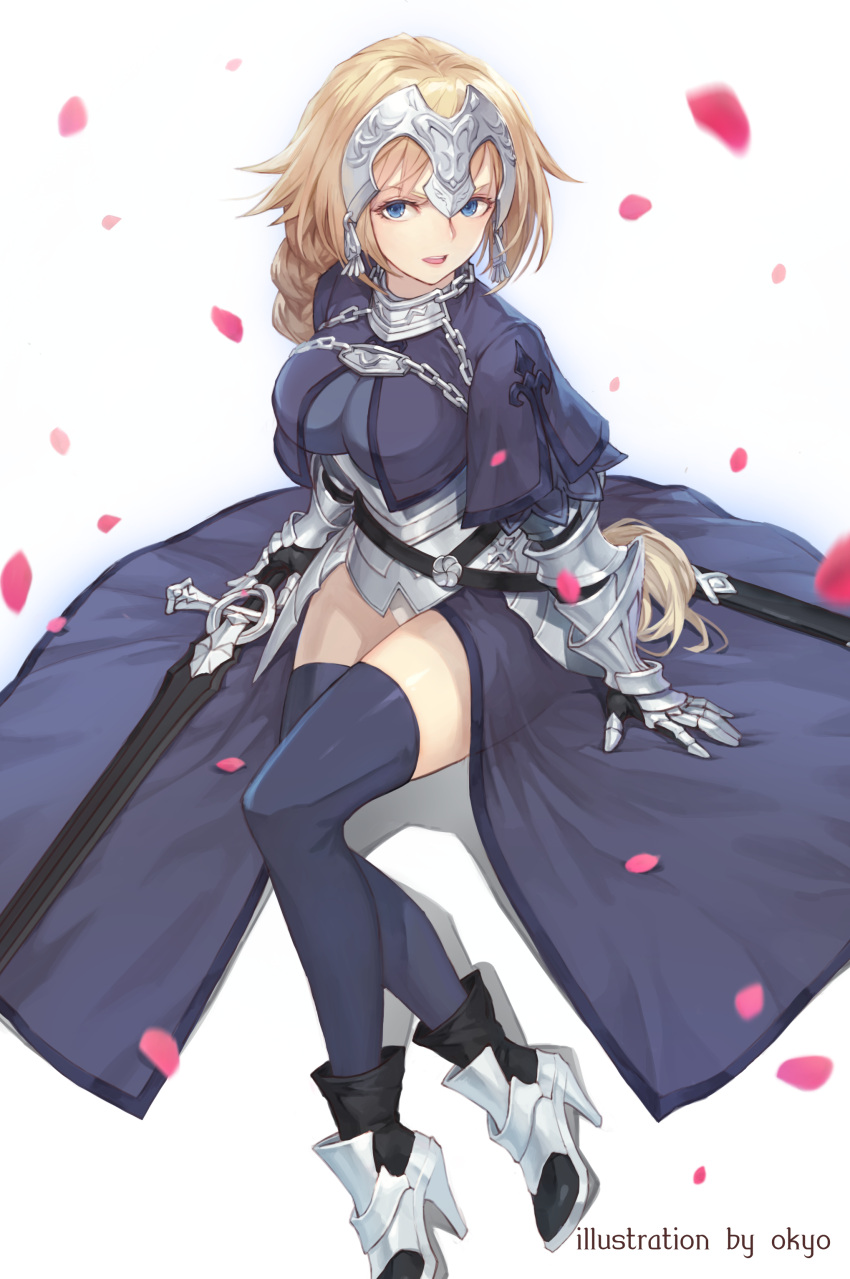 1girl :d absurdres armor armored_dress artist_name black_dress black_footwear black_legwear blonde_hair blue_eyes boots braid dress fate/apocrypha fate_(series) gauntlets high_heel_boots high_heels highres holding holding_sword holding_weapon jeanne_d'arc_(fate) jeanne_d'arc_(fate)_(all) long_hair looking_at_viewer open_mouth panties ponytail sheath sheathed simple_background single_braid smile solo sword thigh-highs underwear very_long_hair weapon white_background white_panties