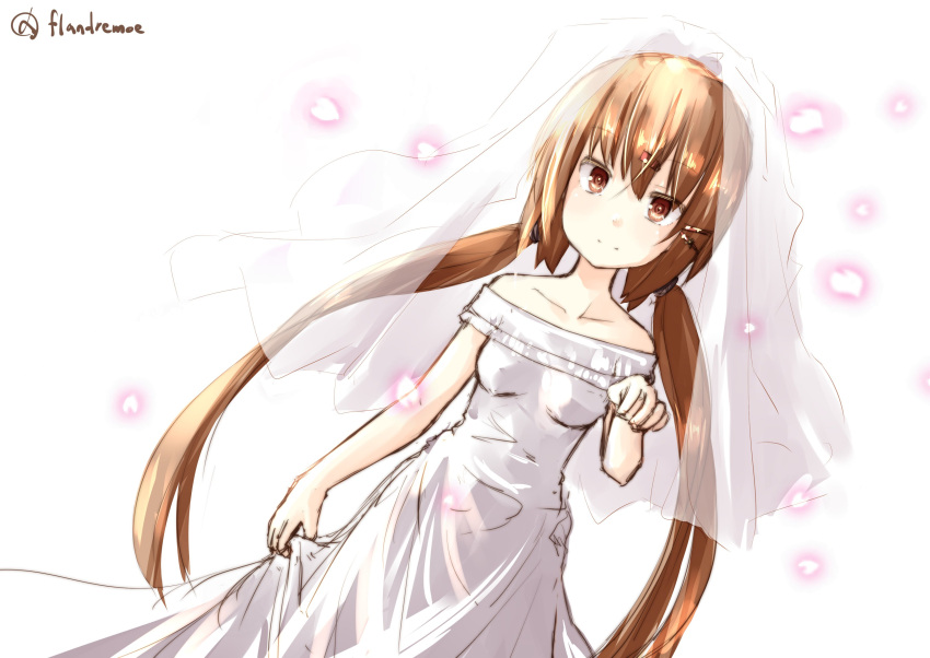 1girl absurdres alternate_costume alternate_hairstyle blush breasts brown_hair closed_mouth dress eyebrows_visible_through_hair hair_between_eyes hair_ornament hairclip highres kantai_collection long_dress long_hair looking_at_viewer red_eyes rits_(single_type) simple_background small_breasts solo star tashkent_(kantai_collection) twintails twitter_username wedding_dress white_background