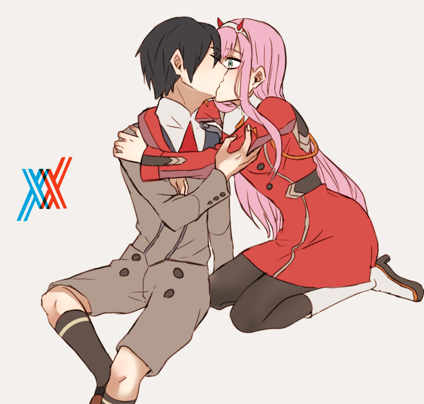 1boy 1girl arm_around_neck bangs black_hair black_legwear blush boots brown_footwear closed_eyes commentary_request couple darling_in_the_franxx eyebrows_visible_through_hair face-to-face facing_another forehead-to-forehead getsuyoubi green_eyes hair_ornament hairband hand_on_another's_arm hand_on_another's_chest hand_on_another's_shoulder hetero highres hiro_(darling_in_the_franxx) horns kiss long_hair long_sleeves looking_at_another military military_uniform necktie oni_horns pantyhose pink_hair red_horns red_neckwear seiza shoes short_hair sitting socks uniform white_footwear white_hairband zero_two_(darling_in_the_franxx)