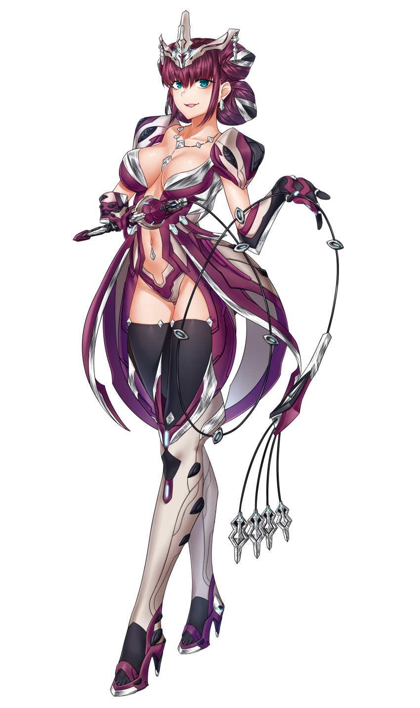 1girl absurdres black_legwear blue_eyes breasts breasts_apart commentary earrings elbow_gloves english_commentary full_body gloves gluteal_fold hair_bun headgear high_heels highres holding humanization jewelry kai_(pixiv12466647) khora_(warframe) leotard licking_lips looking_at_viewer medium_breasts navel purple_hair simple_background solo standing thigh-highs thigh_gap tongue tongue_out warframe weapon whip white_background