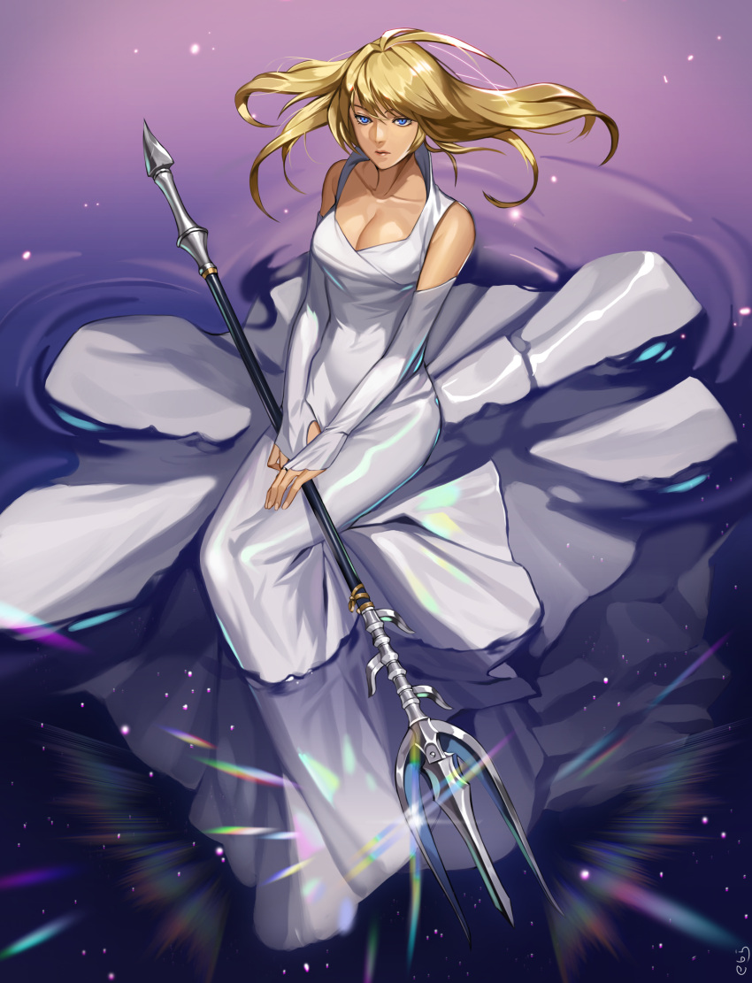 1girl absurdres bare_shoulders blonde_hair blue_eyes breasts cleavage collarbone dress ebiss06081 elbow_gloves final_fantasy final_fantasy_xv fingerless_gloves gloves hair_lift highres holding holding_weapon looking_at_viewer lunafreya_nox_fleuret medium_breasts pink_lips polearm shiny solo trident water weapon white_dress