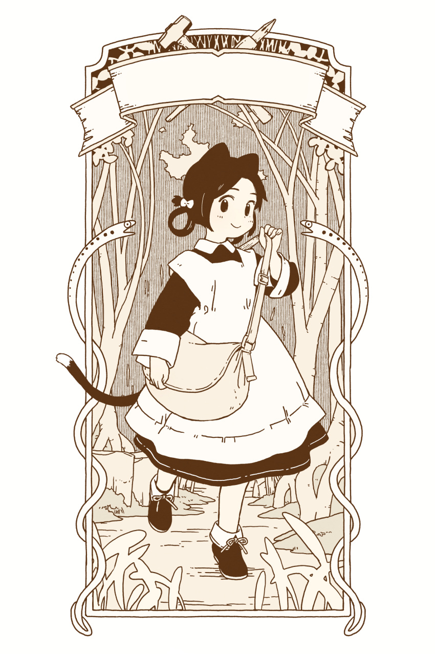 1girl absurdres akai_sashimi animal animal_ears ankle_boots apron arm_at_side bag boots bow cat_ears cat_girl cat_tail closed_mouth collared_dress dress frame full_body hair_bow hair_ornament hair_rings hand_up highres leg_lift long_sleeves looking_at_viewer maid maid_apron monochrome original outdoors outside_border shoulder_bag sleeve_cuffs smile snake tail tareme tree walking white_background