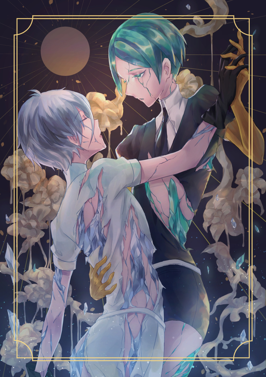 2others absurdres androgynous antarcticite broken closed_eyes colored_eyelashes crack cracked flower gem_uniform_(houseki_no_kuni) gloves golden_arms green_eyes green_hair hand_holding hand_on_another's_back highres houseki_no_kuni meng necktie phosphophyllite shards short_hair torn_clothes white_hair