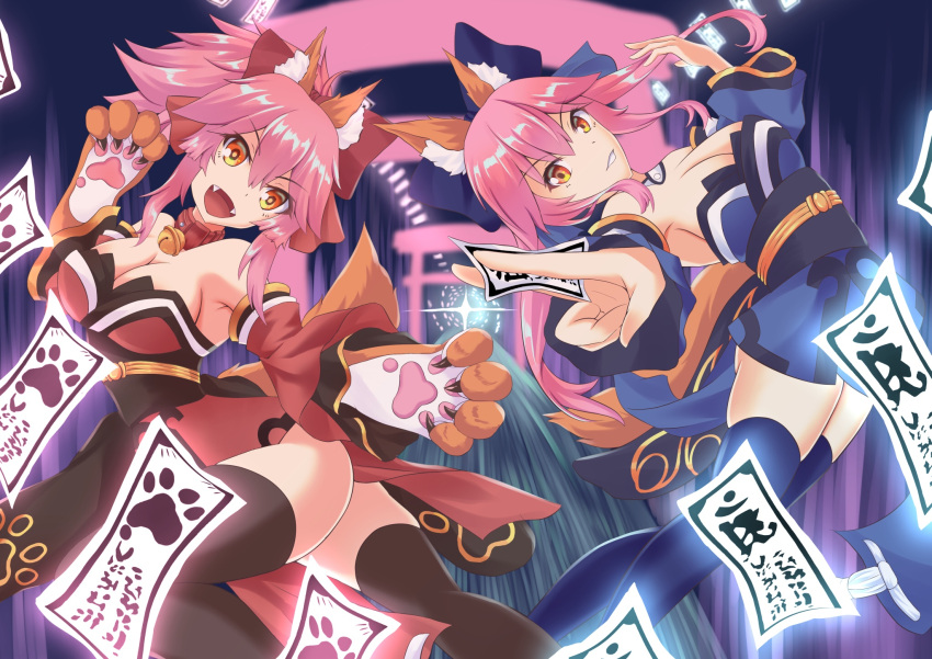 2girls animal_ears bell bell_collar black_legwear blue_legwear blue_ribbon breasts cat_paws cleavage collar detached_sleeves dual_persona fangs fate/grand_order fate_(series) fox_ears fox_tail gloves hair_ribbon highres japanese_clothes jingle_bell kazanosuzu large_breasts long_hair looking_at_viewer multiple_girls ofuda paw_gloves paws pink_hair ponytail red_ribbon ribbon tail tamamo_(fate)_(all) tamamo_cat_(fate) tamamo_no_mae_(fate) yellow_eyes