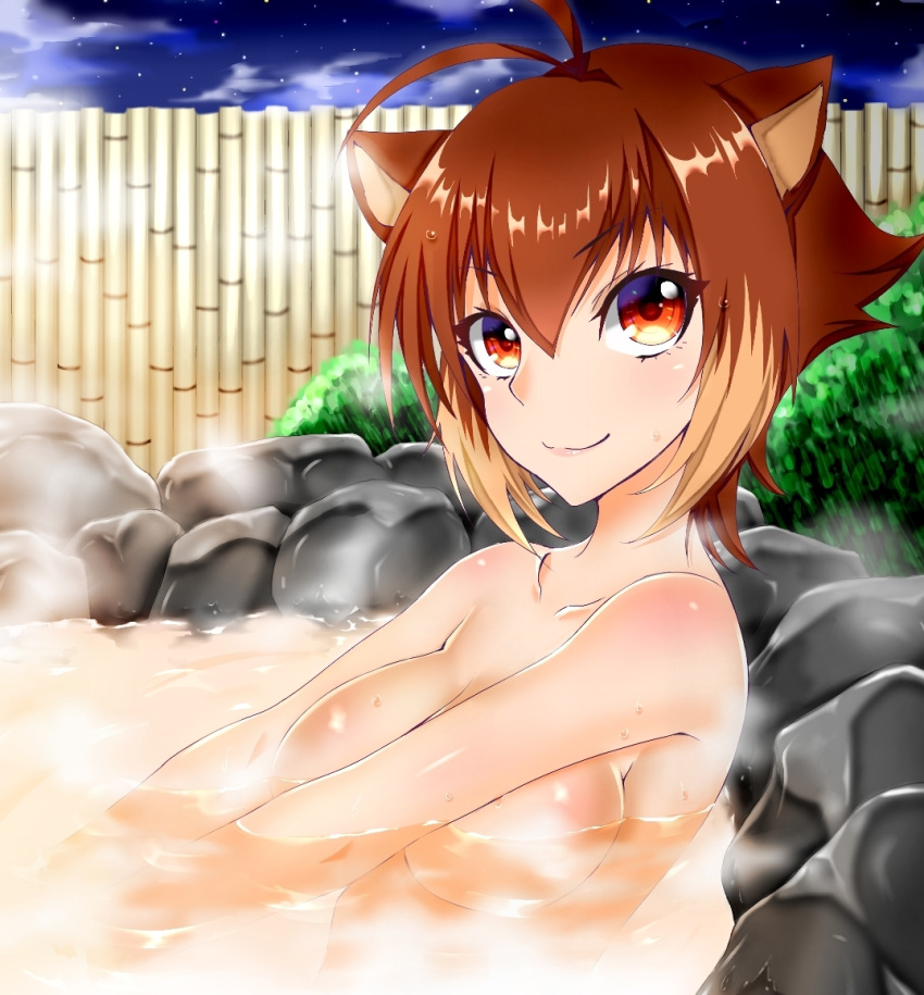 1girl animal_ears antenna_hair blazblue breasts brown_hair chukachuka hair_between_eyes large_breasts looking_at_viewer makoto_nanaya onsen orange_eyes partially_submerged short_hair smile squirrel_ears steam upper_body