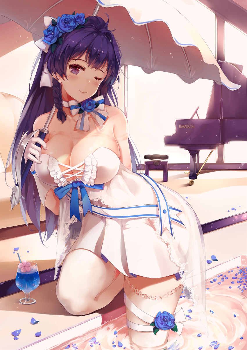1girl absurdres arm_behind_back bare_shoulders benghuai_xueyuan blue_flower blue_ribbon blush bow braid breasts choker cleavage closed_mouth cocktail cocktail_glass cup dress drinking_glass flower gloves hair_bow hair_flower hair_ornament head_tilt highres holding holding_umbrella instrument large_breasts looking_at_viewer one_eye_closed petals piano ponytail purple_hair raiden_mei ribbon shiny shiny_hair smile solo strapless strapless_dress thigh-highs umbrella violet_eyes water wet_legwear white_bow white_choker white_dress white_gloves white_legwear zombie-andy
