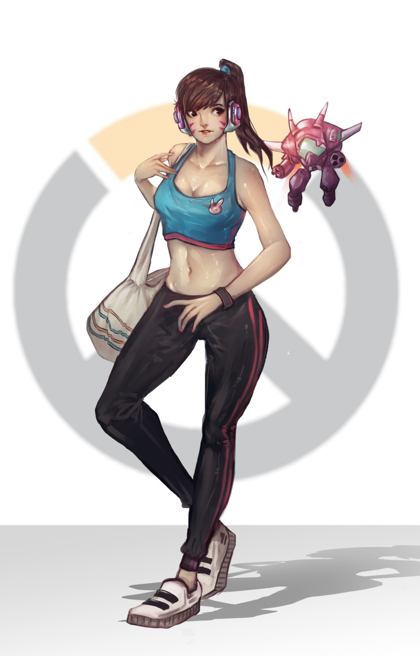 1girl alternate_hairstyle animal_print arm_cannon bag bangs bare_shoulders black_pants blue_shirt breasts brown_eyes brown_hair bunny_print cleavage collarbone commentary crop_top d.va_(overwatch) facepaint facial_mark fingernails full_body gatling_gun gun hair_ornament hair_tie hand_up headphones high_ponytail highres leg_up looking_to_the_side mecha medium_breasts meka_(overwatch) nail_polish nose one_leg_raised overwatch pants parted_lips pink_lips pink_nails shadow shirt shoes shoulder_bag sleeveless smile solo standing standing_on_one_leg sweat tank_top track_pants trung_doan weapon whisker_markings white_footwear wristband