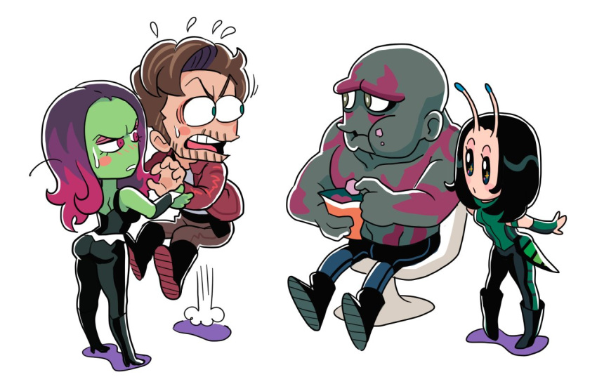 2boys 2girls alien antennae ass bald black_hair blush boots brown_hair caught chair drax_the_destroyer eating food food_on_face gamora gashi-gashi green_skin grey_skin guardians_of_the_galaxy half-closed_eyes jacket mantis_(marvel) marvel multiple_boys multiple_girls pants peter_quill purple_hair simple_background sitting sparkling_eyes surprised sweatdrop tank_top tattoo topless white_background wide-eyed