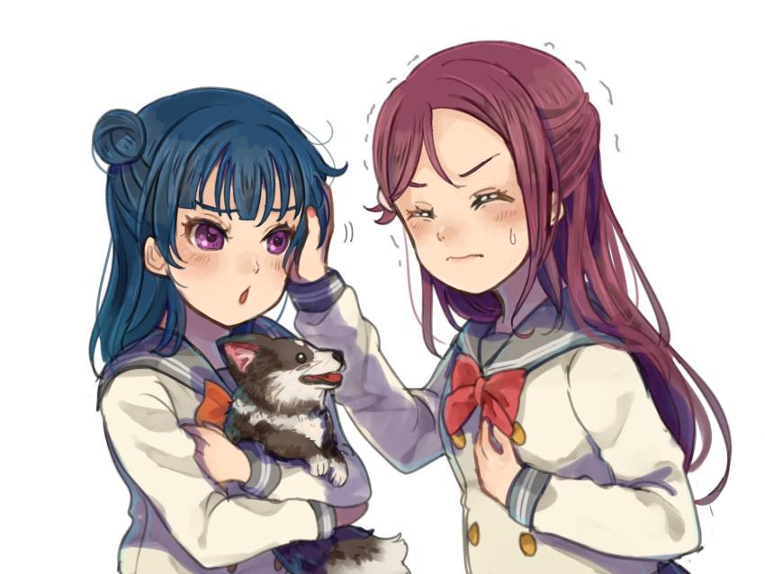 2girls animal anko_(love_live!_sunshine!!) bangs beniko08 blue_hair blush bow bowtie closed_eyes commentary_request dog double-breasted half_updo hand_on_another's_head hand_on_own_chest highres holding holding_animal holding_dog long_hair long_sleeves love_live! love_live!_sunshine!! multiple_girls petting red_neckwear redhead sakurauchi_riko side_bun simple_background trembling tsushima_yoshiko upper_body v-shaped_eyebrows violet_eyes wavy_mouth white_background