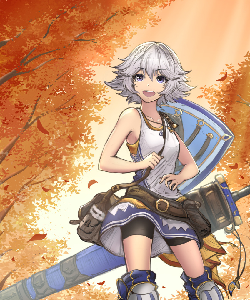 1girl :d absurdres autumn_leaves bike_shorts black_shorts blue_eyes clouds cloudy_sky collarbone dress eyebrows_visible_through_hair farrah_(granblue_fantasy) granblue_fantasy hair_between_eyes highres jewelry necklace open_mouth outdoors sheath sheathed shield short_dress short_hair shorts shorts_under_dress silver_hair sky sleeveless sleeveless_dress smile solo standing sword tree weapon white_dress yuki7128