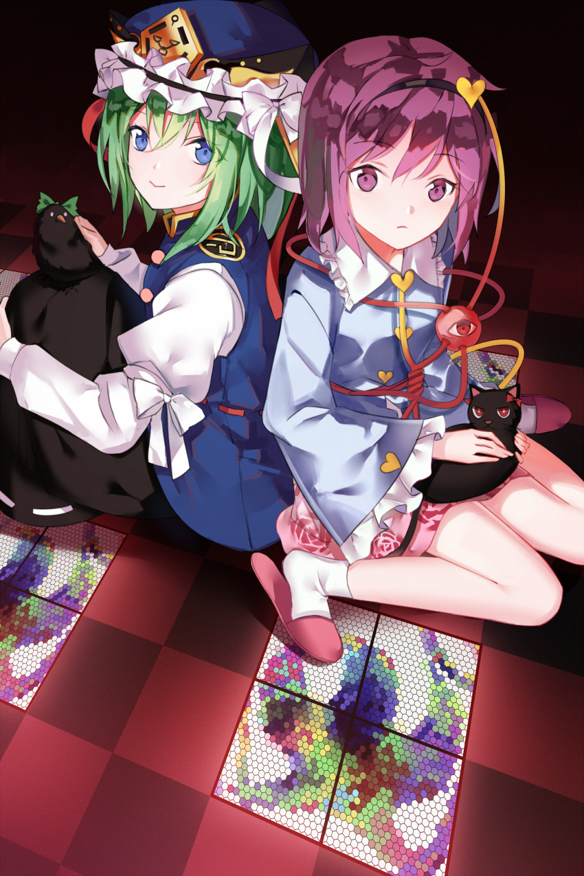 2girls :&gt; absurdres back-to-back bird cat checkered checkered_floor crow green_hair highres kaenbyou_rin kaenbyou_rin_(cat) komeiji_satori looking_at_viewer multiple_girls petting pink_hair reiuji_utsuho reiuji_utsuho_(bird) shiki_eiki short_hair sitting stained_glass touhou yhyh