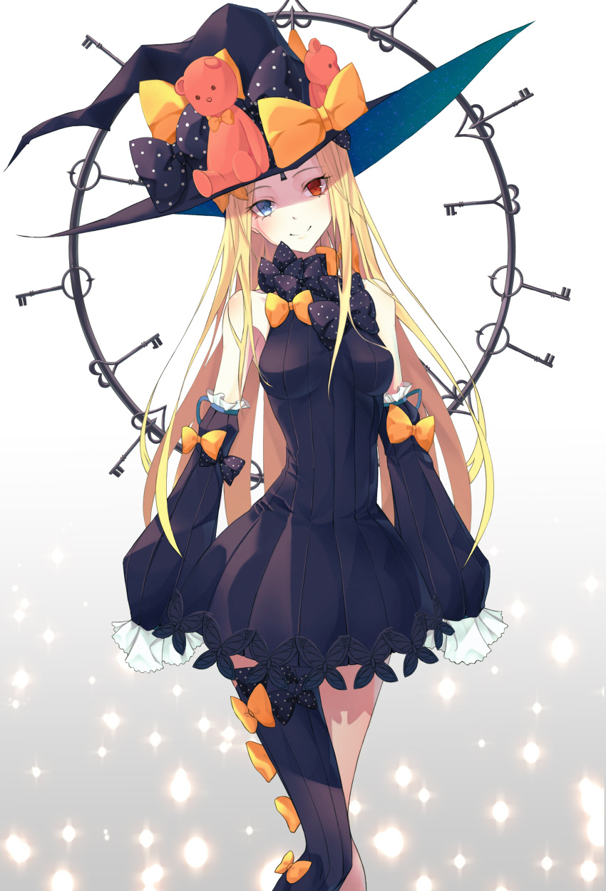1girl abigail_williams_(fate/grand_order) absurdres black_bow black_dress black_hat blonde_hair blue_eyes blush bow breasts detached_sleeves dress fate/grand_order fate_(series) ginong hair_bow hat heterochromia highres long_hair long_sleeves looking_at_viewer medium_breasts older polka_dot polka_dot_bow red_eyes single_thighhigh sleeves_past_fingers sleeves_past_wrists solo standing stuffed_animal stuffed_toy teddy_bear thigh-highs yellow_bow