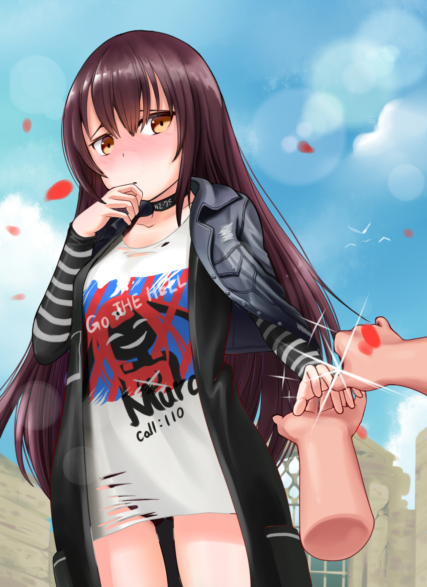 1girl bangs bird black_choker black_coat black_jacket blue_sky blush brown_eyes brown_hair character_name choker closed_mouth clothes_writing clouds collarbone day disembodied_limb girls_frontline glint gluteal_fold hair_between_eyes hand_to_own_mouth hand_up highres jacket jacket_on_shoulders jewelry leather leather_jacket long_hair long_sleeves nose_blush note2000 nz_75_(girls_frontline) outdoors panties petals print_shirt red_panties ring shirt sky solo_focus striped striped_sleeves torn_clothes torn_shirt underwear very_long_hair wedding_band white_shirt