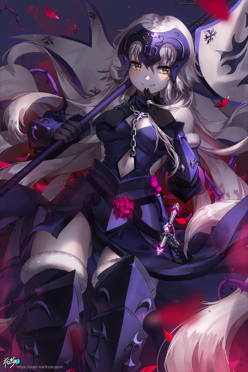 1girl ahoge armor armored_dress black_gloves blurry breasts chains depth_of_field eyebrows_visible_through_hair fate/grand_order fate_(series) flag flower fur_trim gauntlets gloves headpiece highres jeanne_d'arc_(alter)_(fate) jeanne_d'arc_(fate)_(all) kyjsogom long_hair looking_away medium_breasts petals rose rose_petals signature silver_hair smile solo sword watermark weapon web_address yellow_eyes