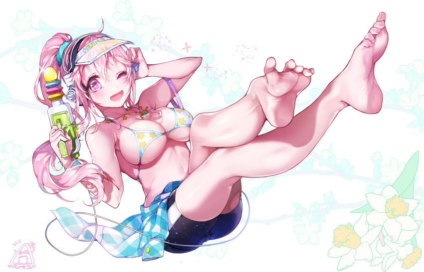 1girl absurdres alternate_hairstyle bare_legs barefoot bike_shorts bikini_top blush breasts clothes_around_waist feet full_body headphones heart heart-shaped_pupils highres kanola_u large_breasts legs long_hair looking_at_viewer navel nitroplus one_eye_closed open_mouth pink_eyes pink_hair ponytail senran_kagura_(series) senran_kagura_peach_beach_splash shirt shirt_around_waist smile solo super_sonico swimsuit symbol-shaped_pupils toes visor_cap