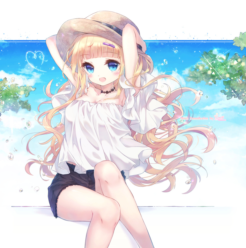 1girl :d absurdres arms_up bangs black_bow black_shorts blonde_hair blouse blue_eyes blue_sky blunt_bangs blush bow breasts brown_hat cleavage clouds collarbone commentary_request commission danby_merong day eyebrows_visible_through_hair hair_ornament hairclip hand_on_headwear hat hat_bow heart highres long_hair looking_at_viewer medium_breasts open_mouth original outdoors short_shorts shorts signature sitting sky sleeveless sleeveless_blouse smile solo very_long_hair water_drop white_blouse