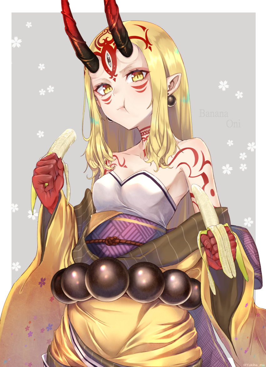 1girl :t banana bare_shoulders blonde_hair closed_mouth collarbone commentary_request earrings eating facial_mark fate/grand_order fate_(series) food forehead_mark fruit highres holding holding_food ibaraki_douji_(fate/grand_order) japanese_clothes jewelry kimono long_hair long_sleeves looking_at_viewer obi off_shoulder pointy_ears sash solo tattoo twitter_username very_long_hair wide_sleeves yellow_eyes yellow_kimono yukihama