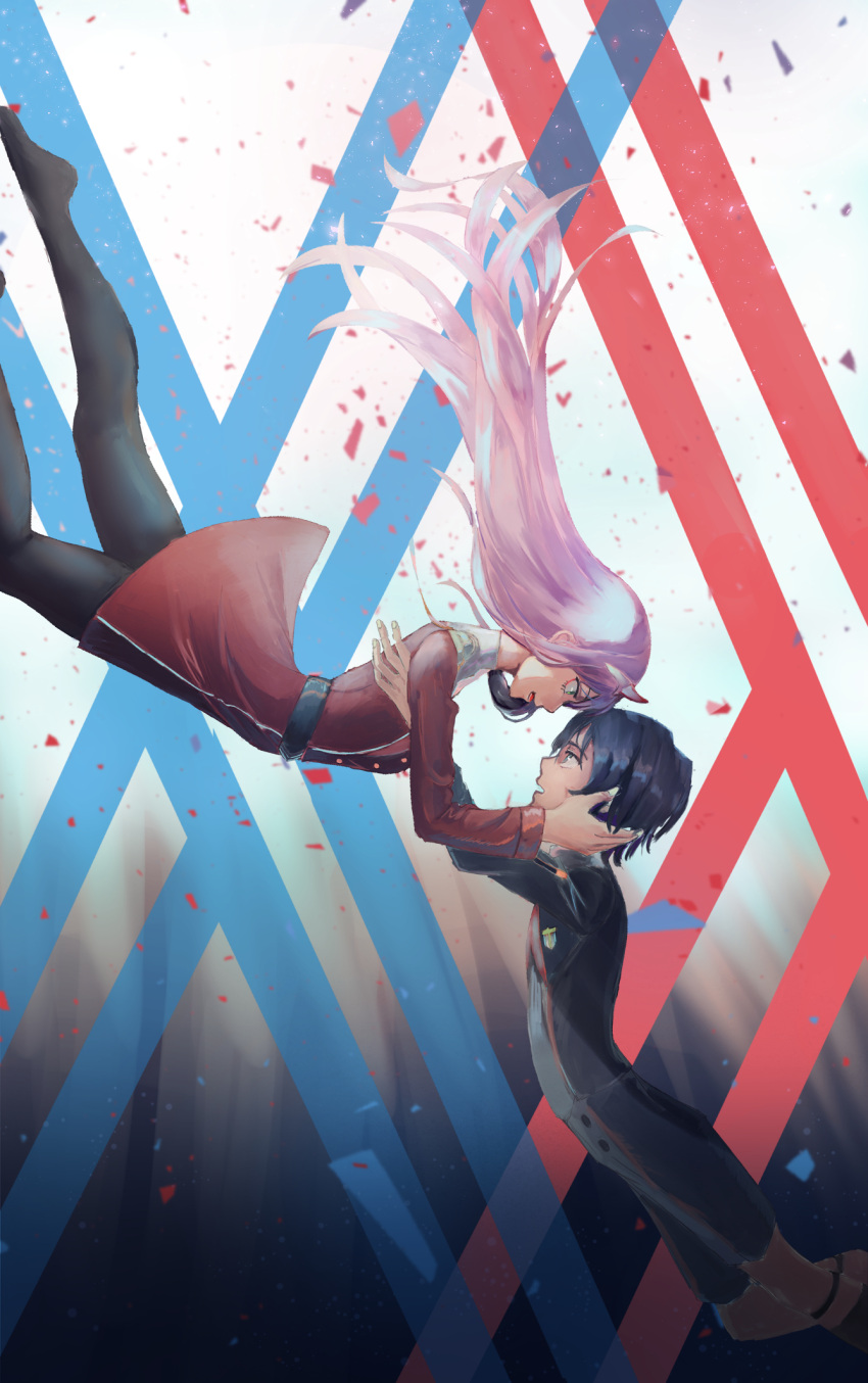 194948 1boy 1girl bangs black_hair black_legwear blue_eyes commentary_request couple darling_in_the_franxx floating floating_hair fringe green_eyes hair_ornament hairband hands_on_another's_face hetero highres hiro_(darling_in_the_franxx) horns long_hair long_sleeves looking_at_another military military_uniform necktie no_shoes pantyhose pink_hair red_neckwear short_hair socks uniform white_hairband zero_two_(darling_in_the_franxx)