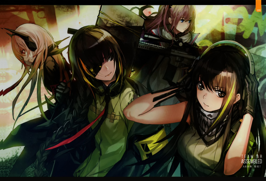 4girls absurdres ar-15 armband assault_rifle bangs black_gloves blonde_hair blue_eyes braid breasts brown_eyes brown_hair closed_mouth dress expressionless eyebrows_visible_through_hair eyepatch floating_hair girls_frontline gloves gun hair_between_eyes hair_ornament headgear headphones highres holding holding_gun holding_weapon jacket letterboxed long_hair looking_at_viewer m16a1_(girls_frontline) m4_carbine m4_sopmod_ii_(girls_frontline) m4a1_(girls_frontline) magpul mole mole_under_eye multicolored_hair multiple_girls necktie official_art one_side_up open_clothes open_jacket open_mouth pink_hair red_eyes redhead rifle scar scar_across_eye scarf scope sidelocks single_braid smile st_ar-15_(girls_frontline) streaked_hair very_long_hair weapon weapon_bag
