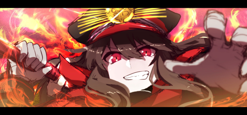 1girl absurdres bangs black_hair black_hat blurry blurry_foreground commentary_request depth_of_field family_crest fate/grand_order fate_(series) glowing glowing_eyes grin hair_between_eyes hat head_tilt highres holding holding_sword holding_weapon katana koha-ace long_sleeves looking_at_viewer military_hat oda_nobunaga_(fate) oda_uri peaked_cap protected_link red_eyes sketch smile solo sword wada_kazu weapon