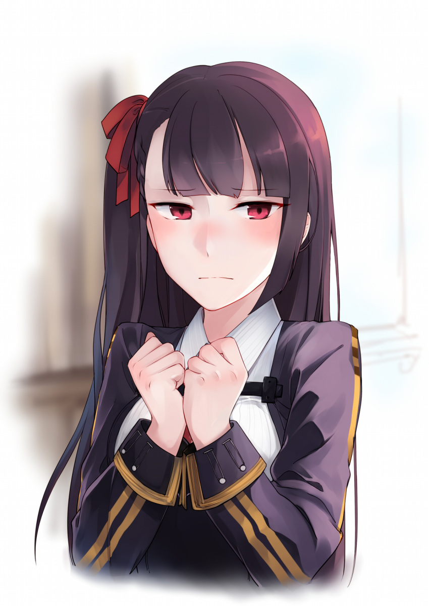 1girl bangs blazer blurry blurry_background blush breasts closed_mouth collared_shirt embarrassed eyebrows_visible_through_hair girls_frontline hair_ribbon half_updo hands_together highres jacket large_breasts long_hair looking_at_viewer necktie one_side_up purple_hair red_eyes red_neckwear ribbon shirt sidelocks solo striped striped_shirt very_long_hair wa2000_(girls_frontline) yorktown_cv-5