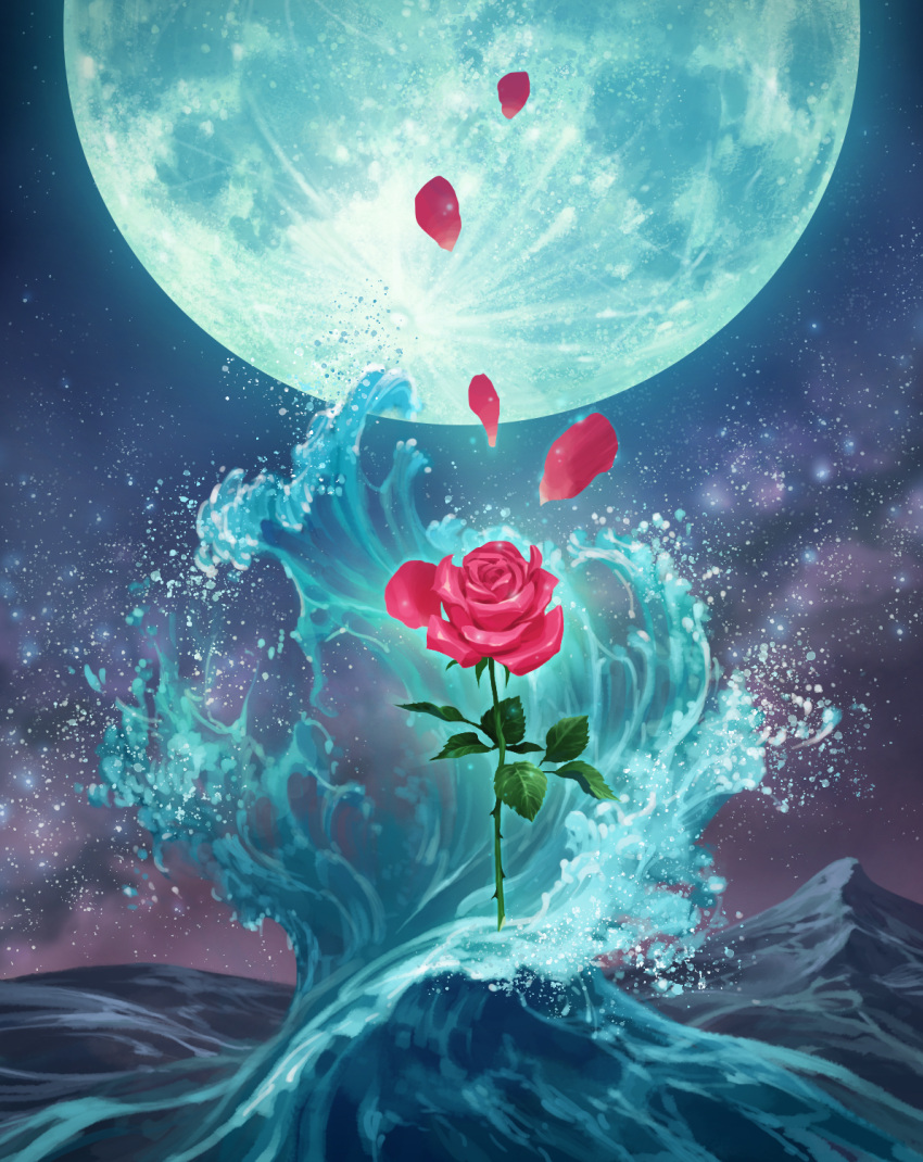 clouds cloudy_sky commentary_request flower full_moon highres leaf moon nature nezuminezumi no_humans ocean original outdoors petals rose rose_petals scenery sky star_(sky) starry_sky thorns waving