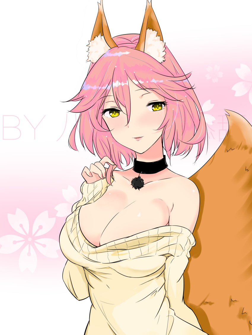 1girl absurdres alternate_hair_length alternate_hairstyle animal_ears arm_behind_back bare_shoulders bayue_tian blush breasts choker cleavage commentary_request fate/extra fate/grand_order fate_(series) fox_ears fox_tail highres large_breasts looking_at_viewer off-shoulder_sweater pink_hair pink_lips short_hair solo sweater tail tamamo_(fate)_(all) tamamo_no_mae_(fate) yellow_eyes