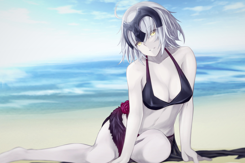 1girl beach bikini black_bikini blurry breasts commentary_request depth_of_field eyebrows_visible_through_hair fate/grand_order fate_(series) headpiece highres horizon jeanne_d'arc_(alter)_(fate) jeanne_d'arc_(fate)_(all) looking_at_viewer medium_breasts pale_skin parted_lips shore short_hair silver_hair solo swimsuit taka-chan yellow_eyes