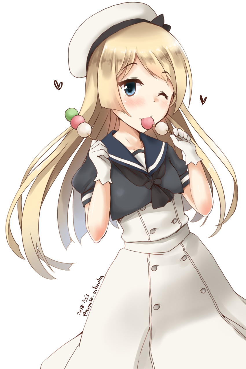 1girl artist_name black_neckwear blonde_hair blue_sailor_collar cowboy_shot dango dated dress eating food gloves green_eyes hat highres jervis_(kantai_collection) kantai_collection long_hair looking_at_viewer minase_(takaoka_nanase) one_eye_closed open_mouth sailor_collar sailor_dress sailor_hat sanshoku_dango short_sleeves simple_background solo wagashi white_background white_dress white_gloves white_hat