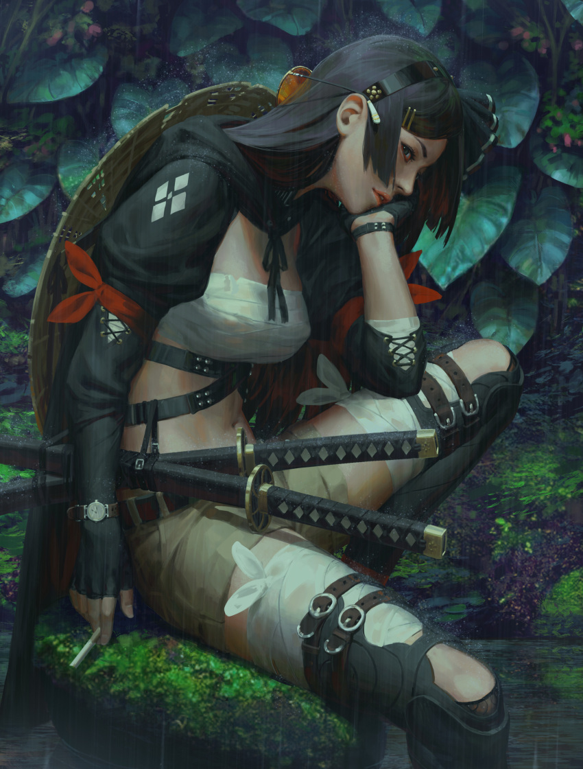 1girl absurdres bandages belt_boots black_eyes black_hair boots breasts buckle cigarette commentary glasses guweiz hairband hand_on_own_cheek highres holding katana leaf long_hair looking_at_viewer medium_breasts navel original parted_lips sitting solo sword watch weapon