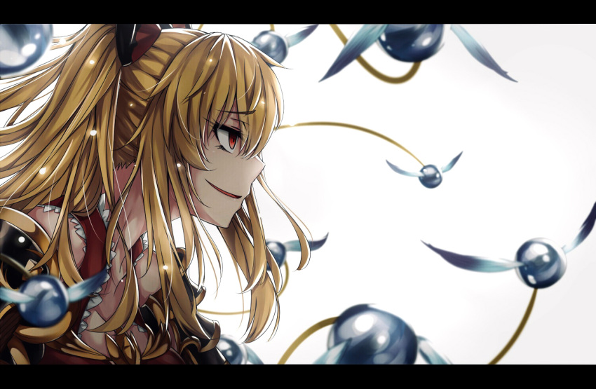 1girl blonde_hair commentary dress evil_smile eyebrows_visible_through_hair from_side granblue_fantasy grey_background hair_between_eyes letterboxed long_hair parted_lips profile red_dress red_eyes sanmotogoroo sideways_mouth smile smirk solo twintails upper_body vira_lilie