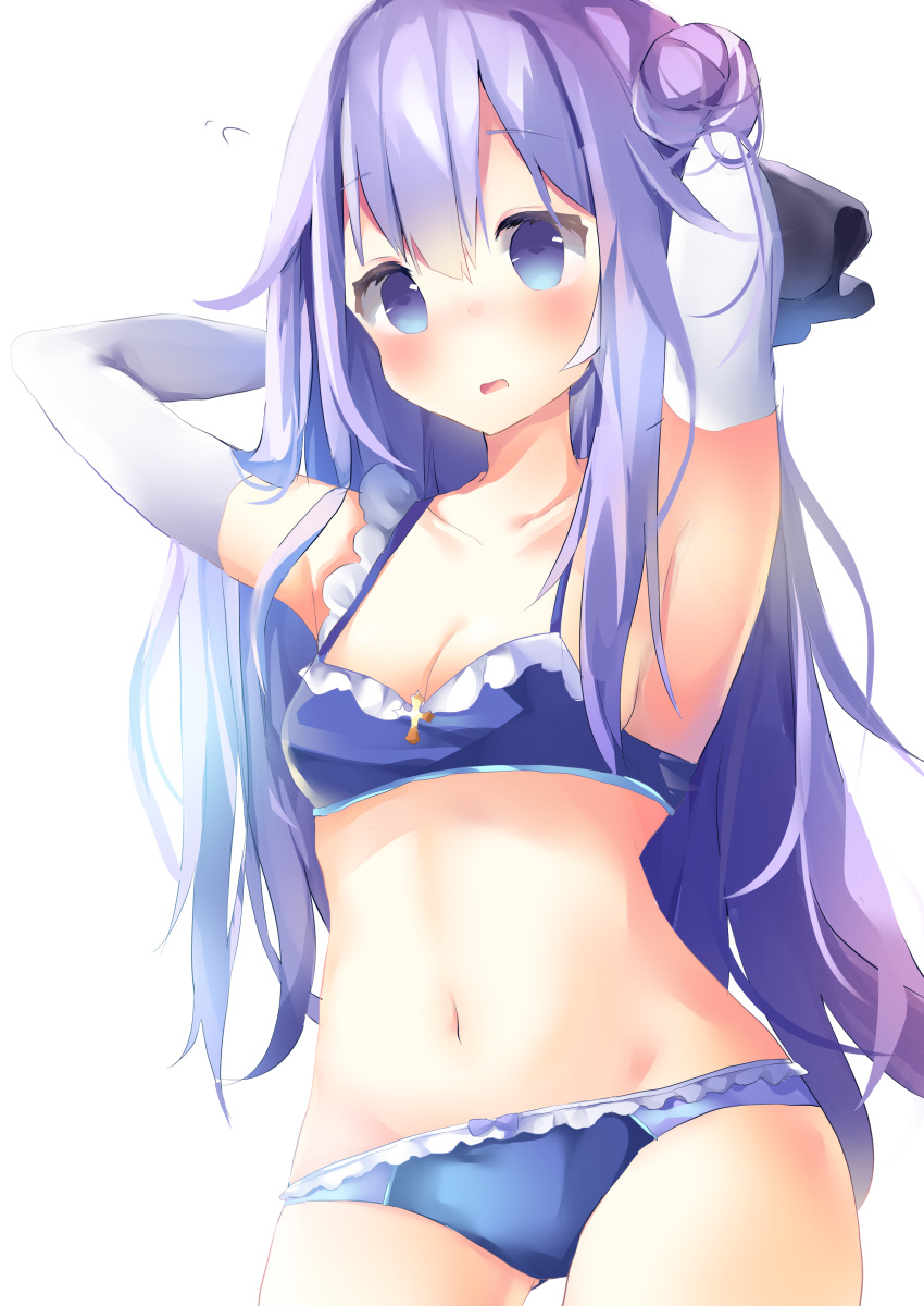 1girl absurdres armpits arms_up azur_lane bangs bare_shoulders black_bow blue_bra blue_eyes blue_panties blush bow bow_panties bra breasts cleavage collarbone commentary_request cross elbow_gloves eyebrows_visible_through_hair flying_sweatdrops gloves gluteal_fold hair_between_eyes hair_bow hair_bun highres long_hair looking_at_viewer navel panties parted_lips purple_hair side_bun simple_background small_breasts solo tsuruse underwear underwear_only unicorn_(azur_lane) very_long_hair white_background white_gloves