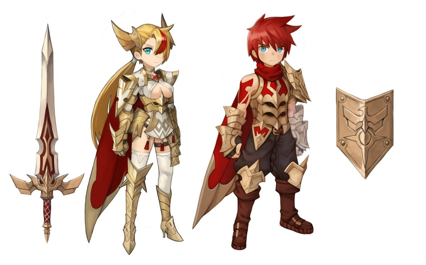 1boy 1girl aqua_eyes armor armored_boots armored_dress blonde_hair blue_eyes boots breasts brown_footwear brown_gloves brown_pants cleavage dress fingerless_gloves gloves headgear large_breasts long_hair looking_at_viewer mismatched_footwear multicolored_hair original pants ponytail red_shirt redhead shield shirt simple_background sookmo sword thigh-highs weapon white_background white_legwear