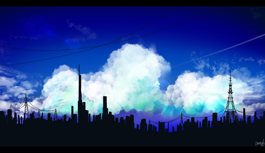 amatsuki_rei blue_sky building cityscape clouds commentary_request day highres lens_flare letterboxed no_humans original outdoors power_lines scenery signature silhouette sky skyscraper transmission_tower