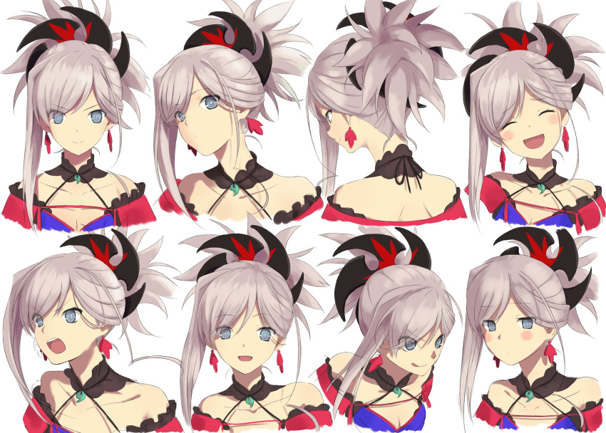 1girl :d absurdres angry asymmetrical_hair bare_shoulders blue_eyes blue_kimono blush breasts cleavage closed_eyes collarbone detached_collar detached_sleeves earrings faces facial_expressions facing_viewer fate/grand_order fate_(series) from_behind hair_ornament highres japanese_clothes jewelry kimono laika_(sputnik2nd) laughing licking_lips looking_at_viewer magatama miyamoto_musashi_(fate/grand_order) multiple_views necklace open_mouth pink_hair ponytail short_kimono sleeveless sleeveless_kimono smile tongue tongue_out upper_body white_background wide_sleeves