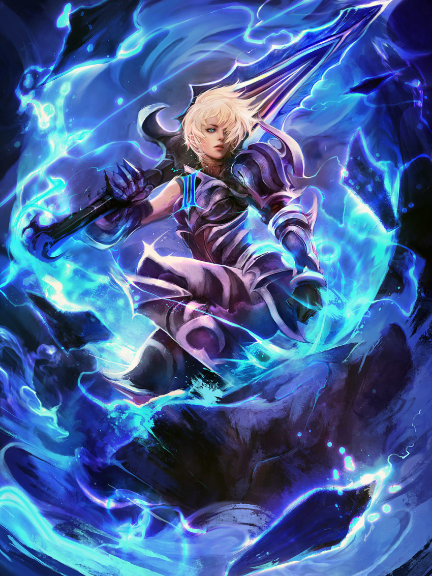 1girl alternate_costume armor black_gloves blonde_hair blue_eyes blue_fire championship_riven clenched_hand commentary fire full_armor gauntlets gloves hair_over_one_eye highres league_of_legends lips muju nose over_shoulder riven_(league_of_legends) short_hair solo sword sword_over_shoulder weapon weapon_over_shoulder