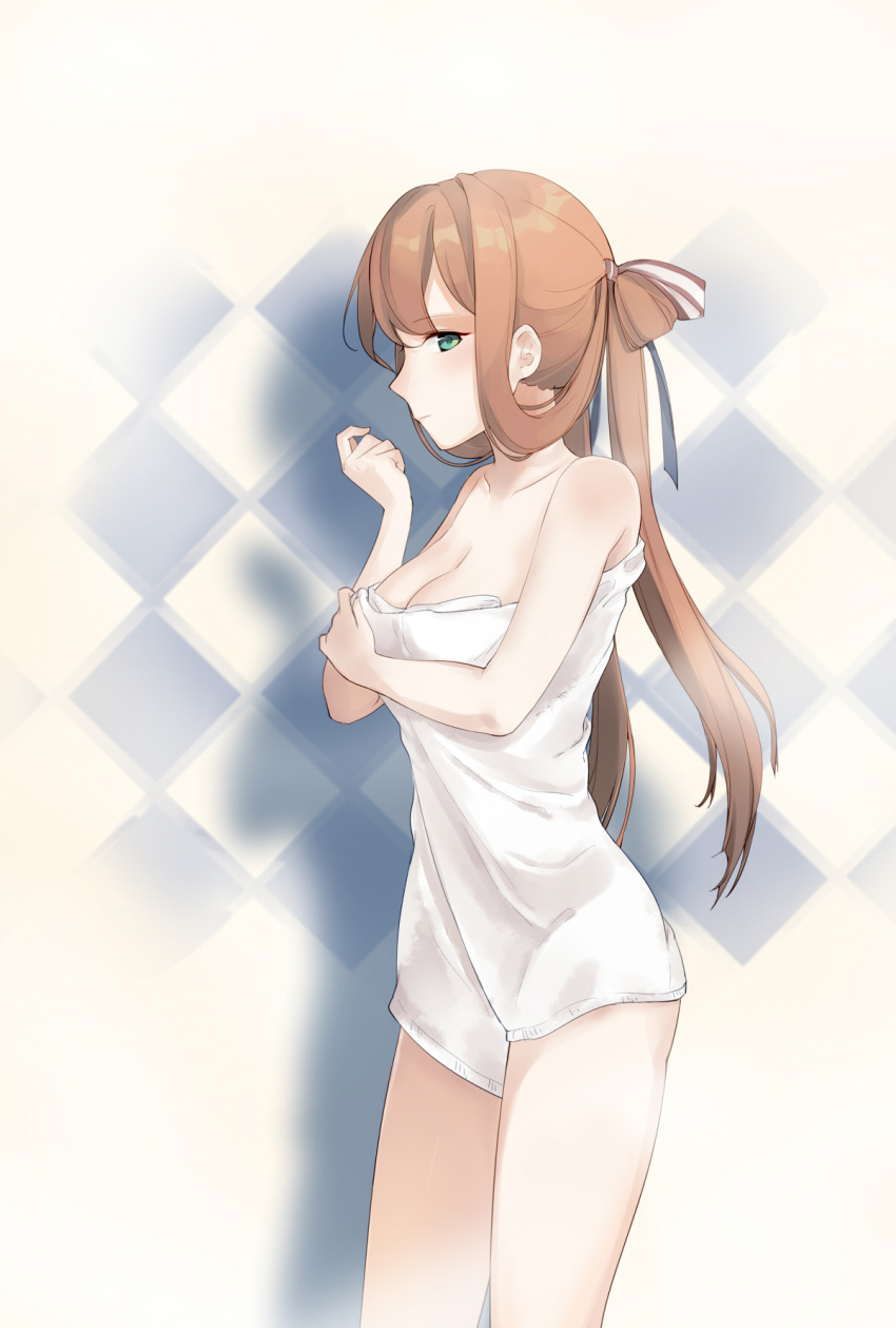1girl american_flag american_flag_print arm_across_chest ass bangs bare_arms blush breasts brown_hair cleavage collarbone eyebrows_visible_through_hair flag_print from_side girls_frontline green_eyes hair_between_eyes hair_ribbon hair_rings hand_up highres large_breasts light_smile long_hair looking_at_viewer m1903_springfield_(girls_frontline) naked_towel ponytail ribbon sidelocks solo thighs towel white_towel yorktown_cv-5