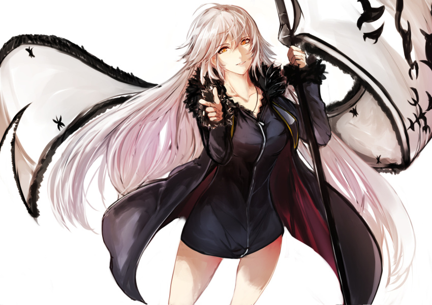 1girl bangs banner black_cape black_dress cape cowboy_shot dress fate/grand_order fate_(series) floating_hair fur_trim highres holding holding_weapon index_finger_raised jeanne_d'arc_(alter)_(fate) jeanne_d'arc_(fate)_(all) jewelry long_hair necklace orange_eyes otsunabe_(naabe_delta) parted_lips short_dress silver_hair simple_background smile solo standing very_long_hair weapon white_background