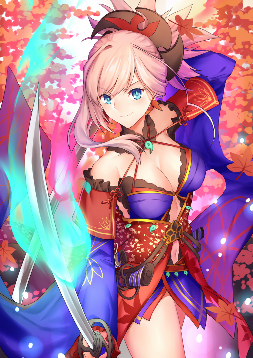 &gt;:) 1girl arm_up asymmetrical_hair autumn_leaves bangs bare_shoulders blue_eyes blue_kimono breasts cleavage closed_mouth commentary_request detached_sleeves dual_wielding earrings eyebrows_visible_through_hair fate/grand_order fate_(series) glowing glowing_sword glowing_weapon gogatsu_fukuin hair_ornament highres holding holding_sword holding_weapon japanese_clothes jewelry katana kimono leaf light_brown_hair long_hair long_sleeves magatama maple_leaf medium_breasts miyamoto_musashi_(fate/grand_order) navel navel_cutout obi sash sheath short_kimono sidelocks sleeveless sleeveless_kimono smile solo sword unsheathed v-shaped_eyebrows weapon wide_sleeves