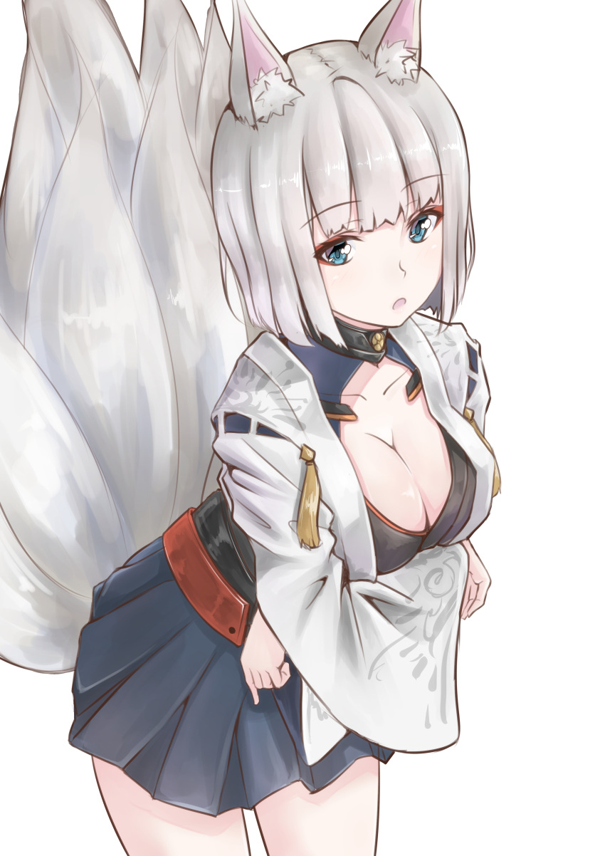 1girl absurdres animal_ears azur_lane bangs black_skirt blunt_bangs breasts cleavage collarbone cowboy_shot crossed_arms eyebrows_visible_through_hair fox_ears fox_tail green_eyes highres kaga_(azur_lane) kashikomo_(nykr6512) leaning_forward miniskirt multiple_tails open_mouth pleated_skirt short_hair silver_hair simple_background skirt solo standing tail white_background