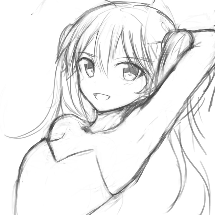 1girl arms_behind_head greyscale leotard looking_at_viewer monochrome open_mouth original playboy_bunny_leotard sketch smile solo sookmo twintails work_in_progress