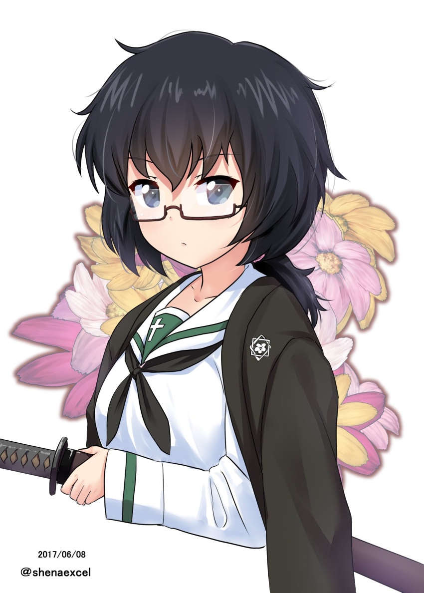 1girl bangs black-framed_eyewear black_eyes black_hair black_neckwear blouse closed_mouth commentary_request cropped_torso dated excel_(shena) floral_background flower_request girls_und_panzer glasses haori highres holding holding_sword holding_weapon japanese_clothes katana light_frown long_sleeves looking_at_viewer medium_hair messy_hair neckerchief ooarai_school_uniform oryou_(girls_und_panzer) school_uniform semi-rimless_eyewear serafuku short_ponytail solo standing sword twitter_username under-rim_eyewear upper_body weapon white_background white_blouse