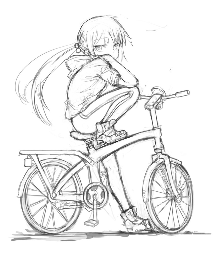 1girl bicycle bicycle_seat greyscale ground_vehicle highres hood hoodie long_hair looking_at_viewer monochrome original ponytail shoes simple_background sitting sketch sleeves_rolled_up sneakers solo sookmo wheel white_background work_in_progress